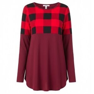 Zenana Plaid colorblock red blk burgandy long sleeve women's Small RT-43034